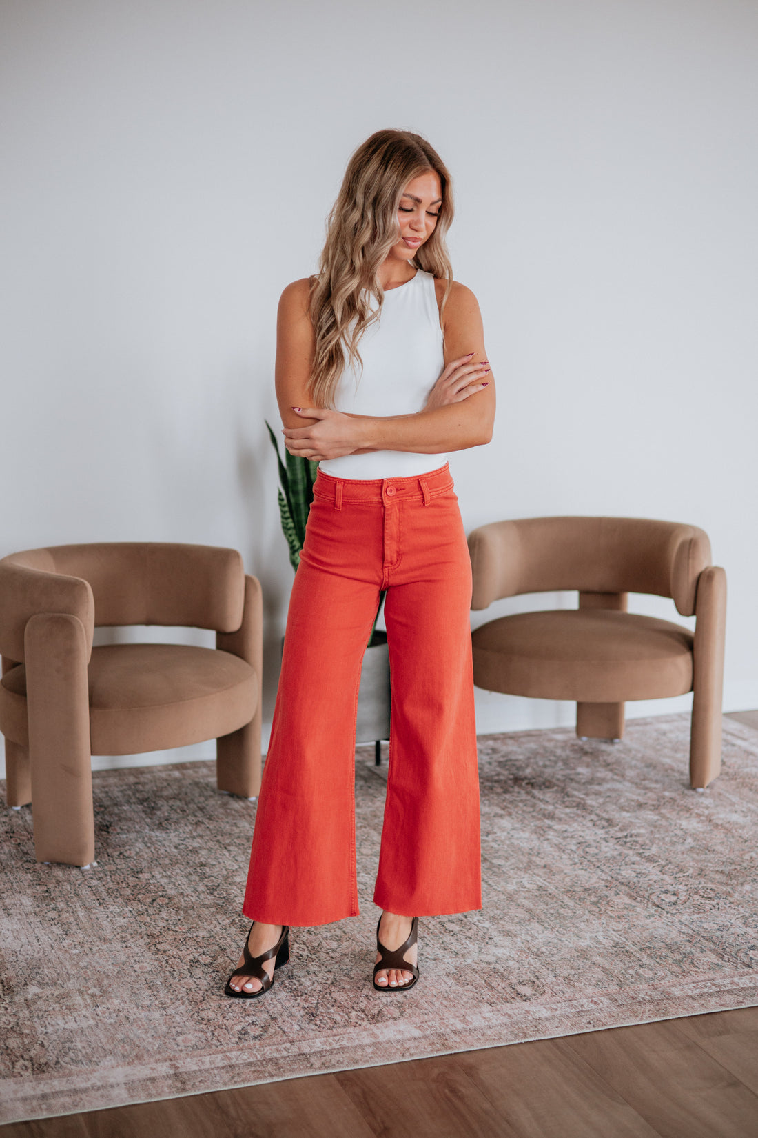 Linsley Wide Leg Pants - Burnt Orange