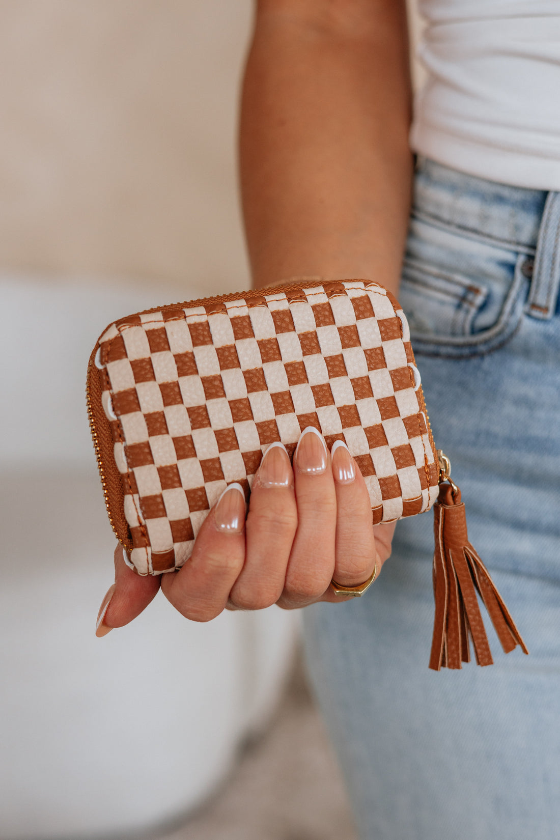 Never On Schedule Checkered Wallet - Cognac
