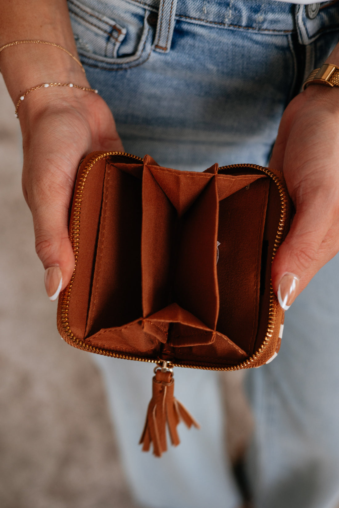 Never On Schedule Checkered Wallet - Cognac