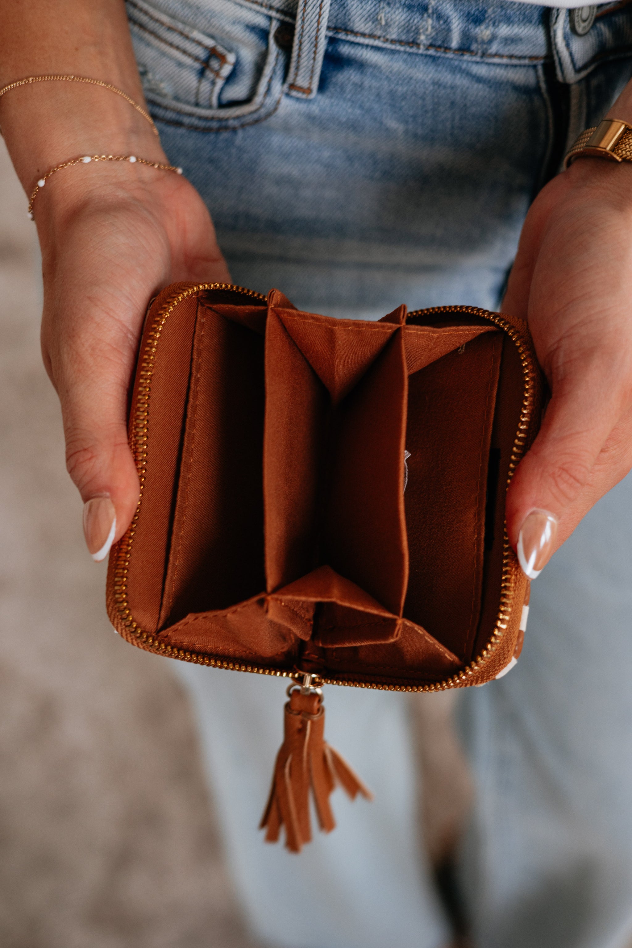 Never On Schedule Checkered Wallet - Cognac