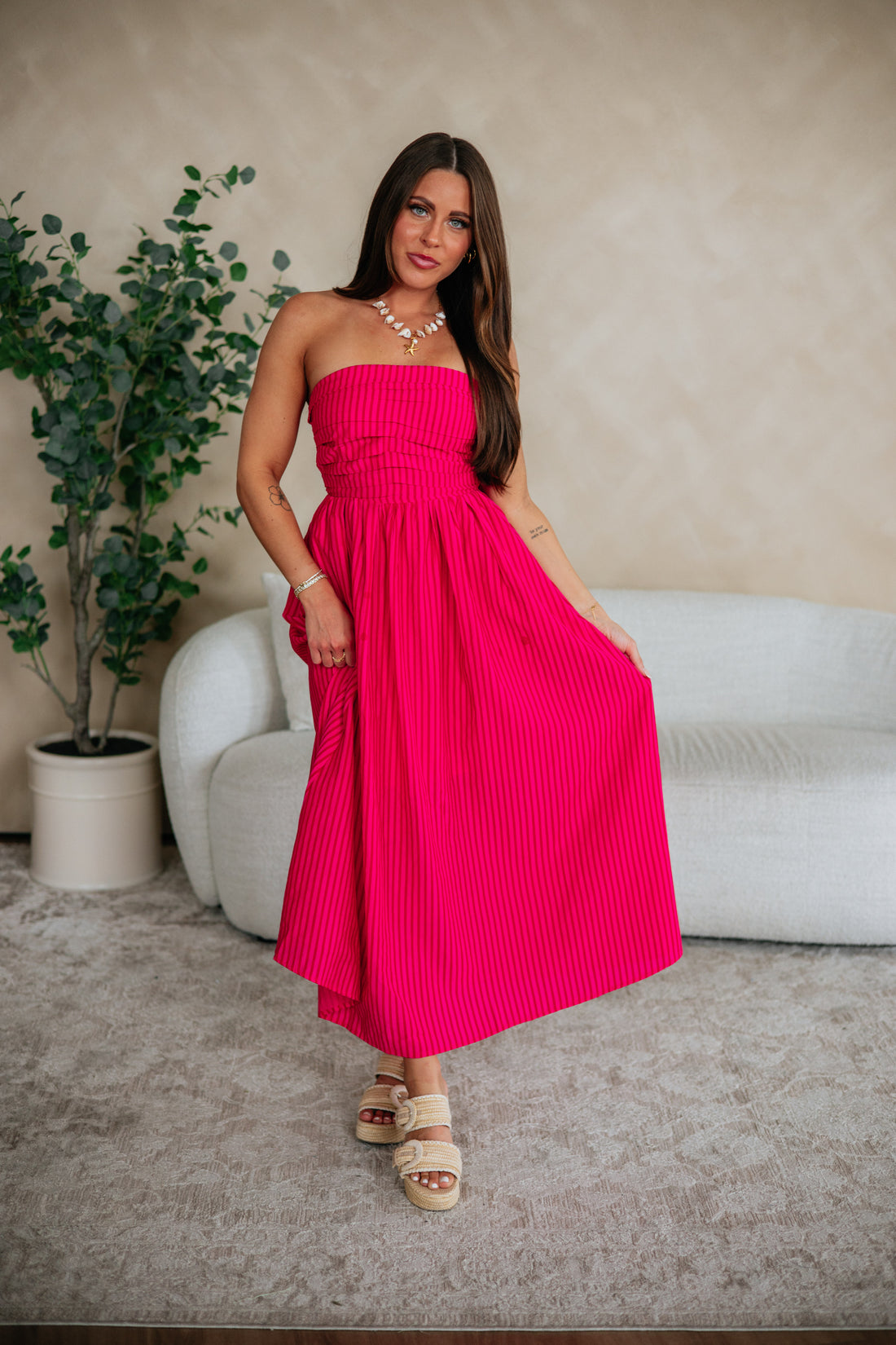 Tia Striped Dress - Fuchsia