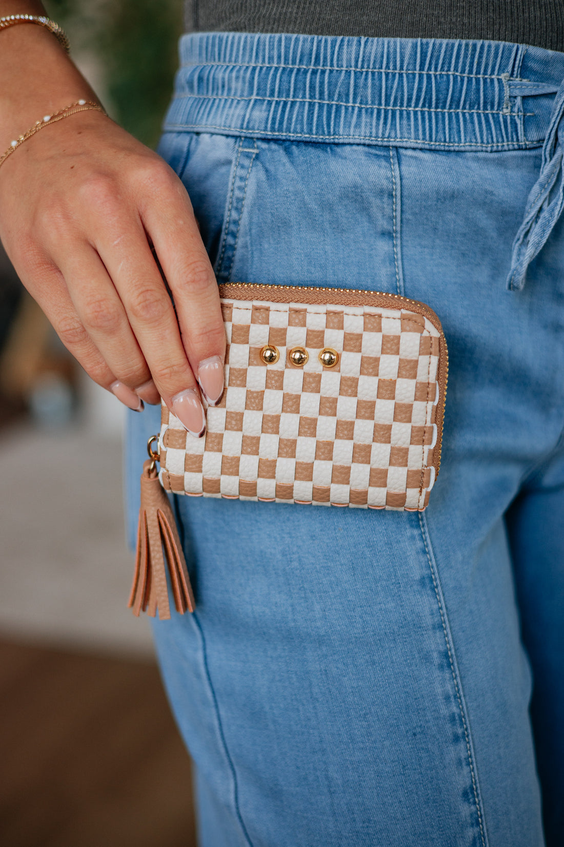Never On Schedule Checkered Wallet - Tan