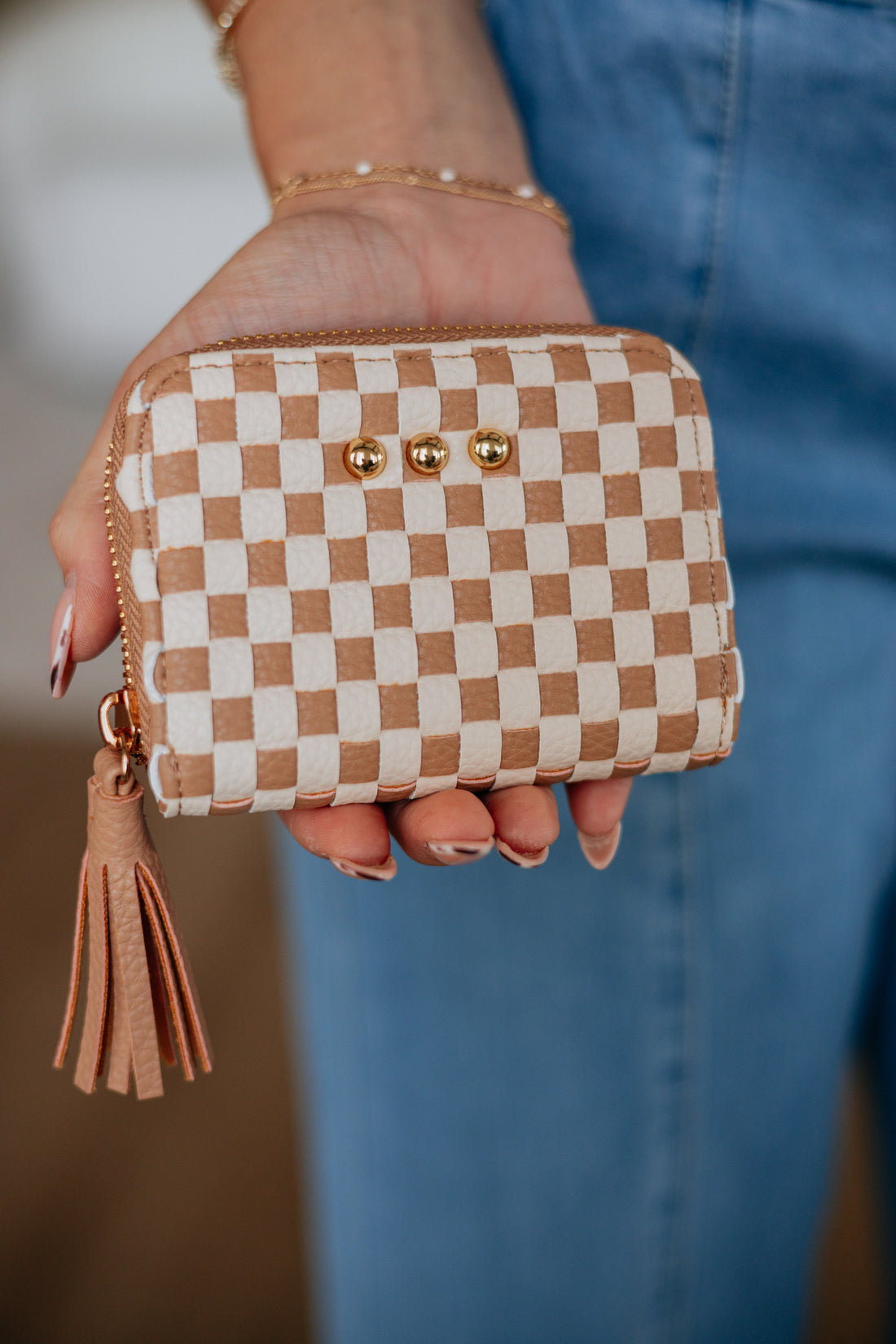 Never On Schedule Checkered Wallet - Tan