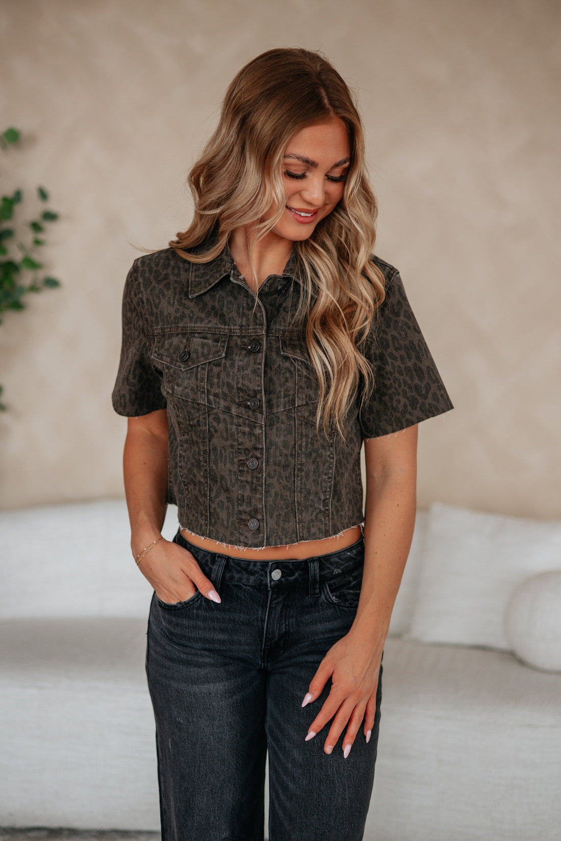 Abbey Hidden Denim Top - Dark Cheetah