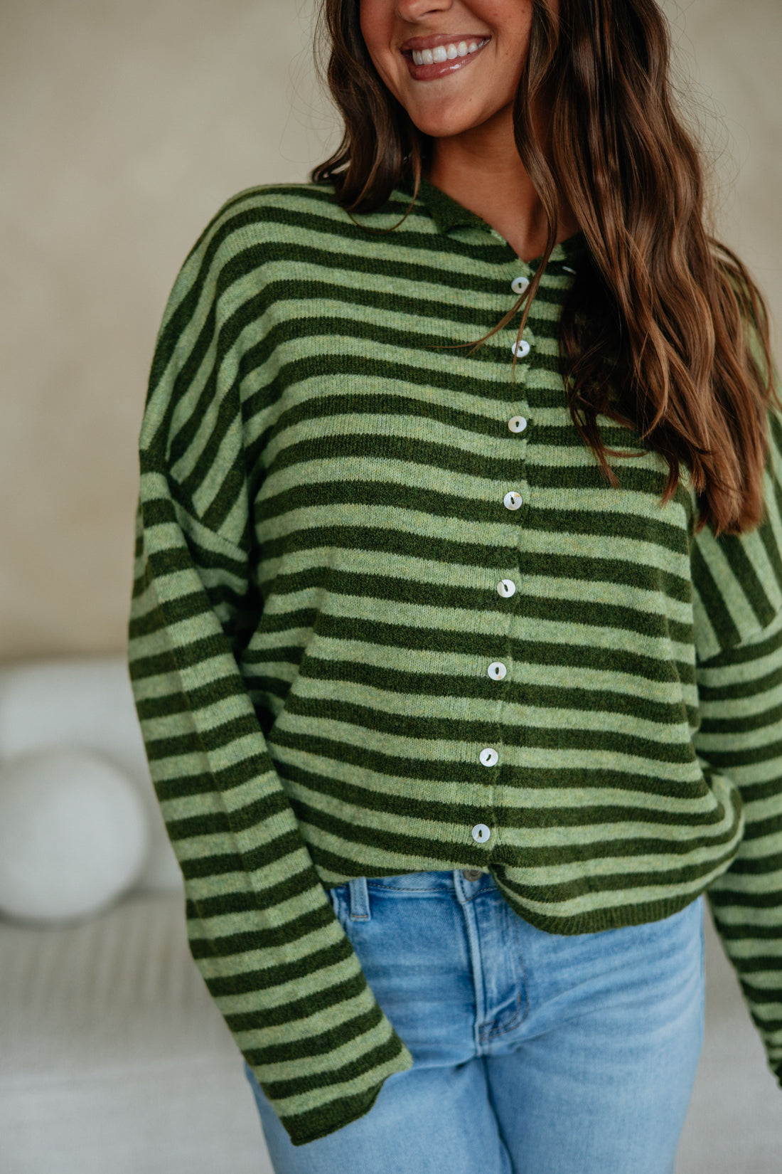 Brooke Striped Cardigan - Moss Mix